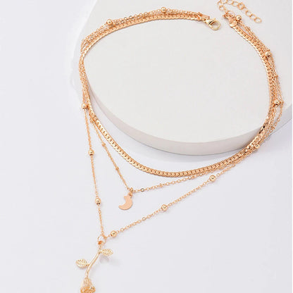Multilayer Moon & Rose Flower Gold Pendant Necklace
