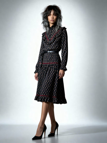 Original 1980's Vintage Paisley Print & Velvet Trim Black Dress UK 8 - 10