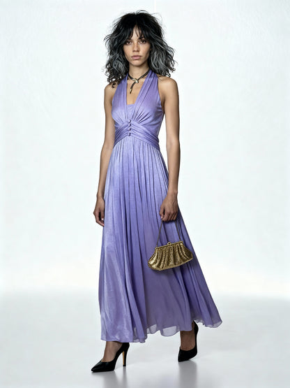 Gorgeous Original 1970's Vintage Purple Halter Neck Maxi Dress UK 8 - 10