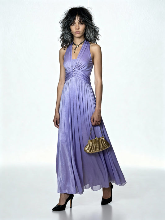 Gorgeous Original 1970's Vintage Purple Halter Neck Maxi Dress UK 8 - 10