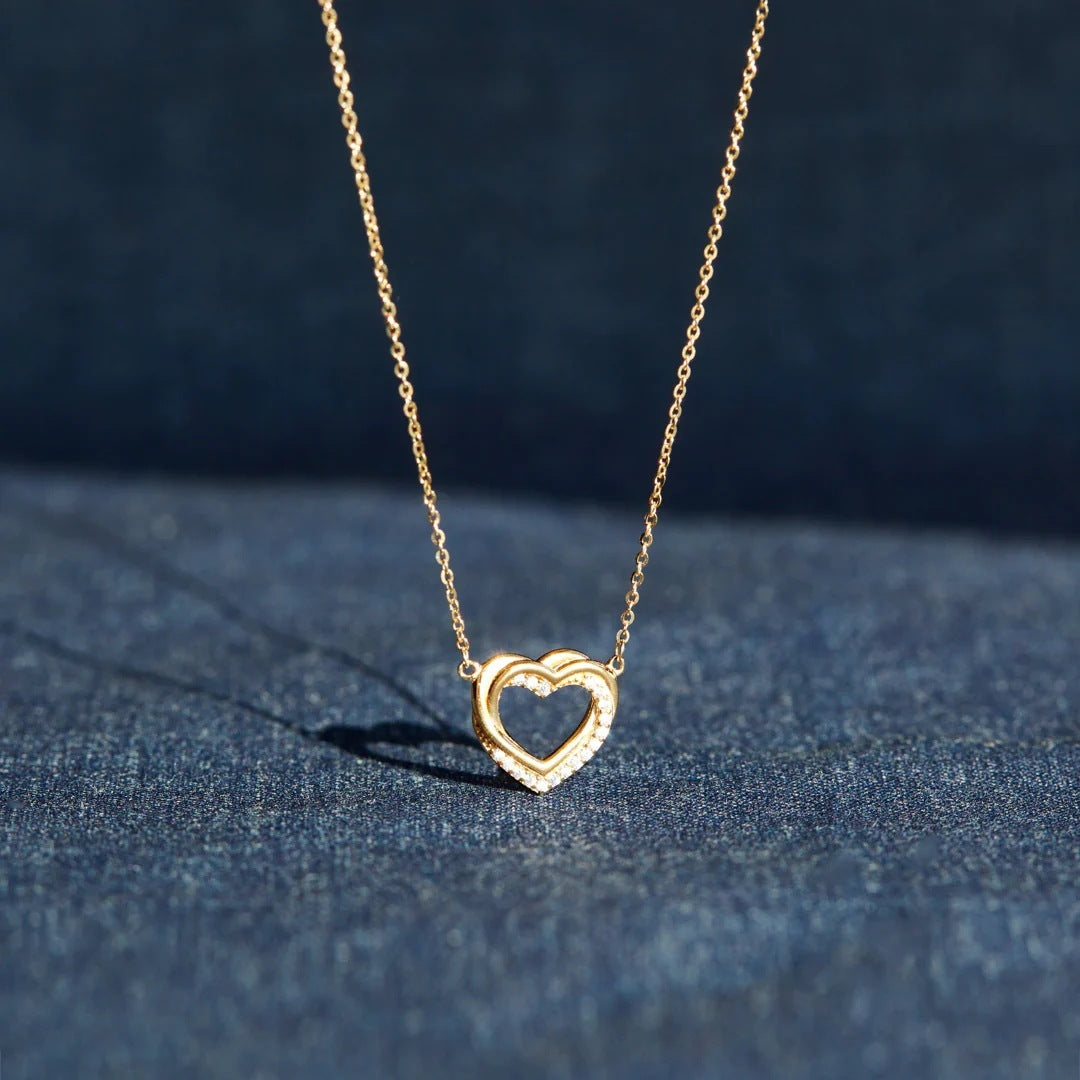 Silver Overlapping Double Hollow Heart Necklace