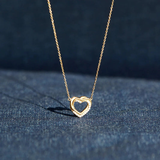 Silver Overlapping Double Hollow Heart Necklace