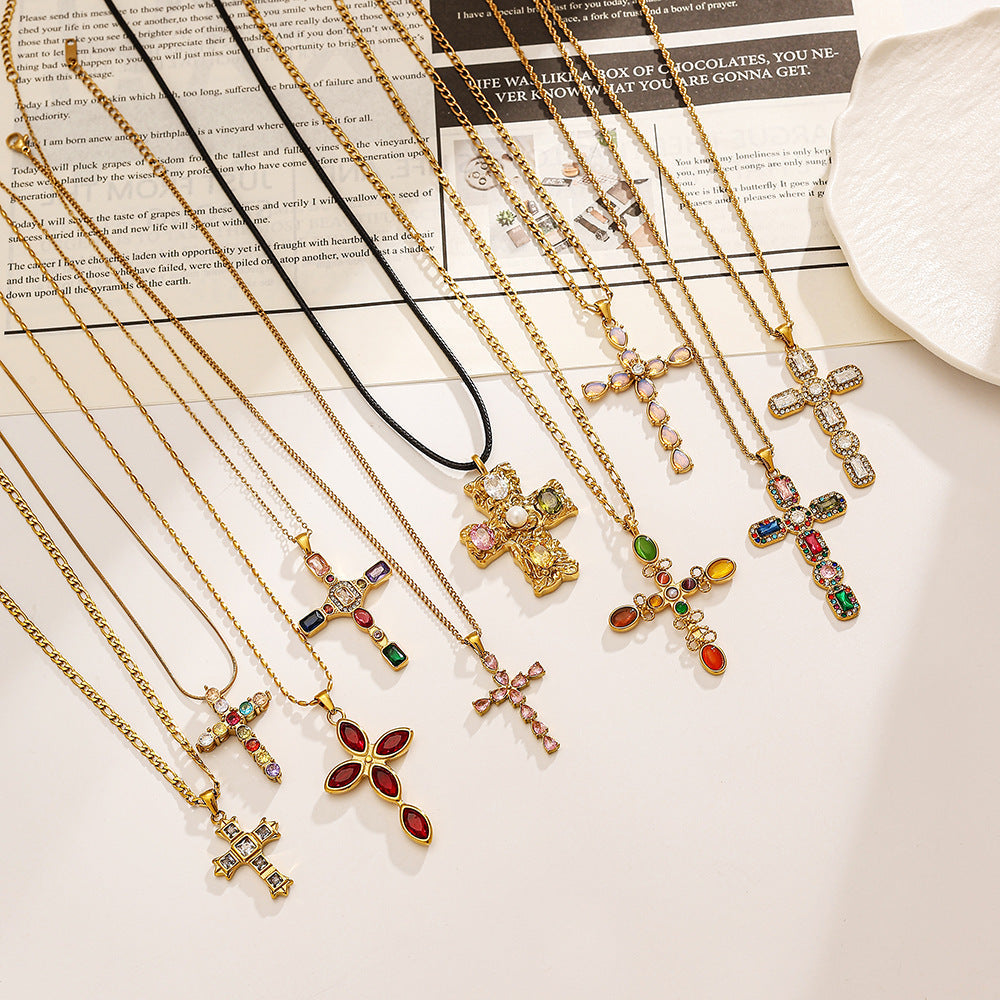 Stainless Steel Cross Necklace with Colorful Crystals