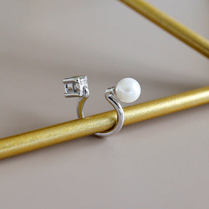 Office Round Shell Pearl CZ Non-Pierced Earring(Single) - Palladium-Plated Silver Pearl Earrings for women - Perfect Pearl Earrings with Gift Wrapping Included