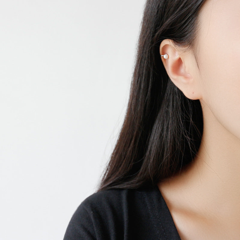 Office Round Shell Pearl CZ Non-Pierced Earring(Single) - Palladium-Plated Silver Pearl Earrings for women - Perfect Pearl Earrings with Gift Wrapping Included
