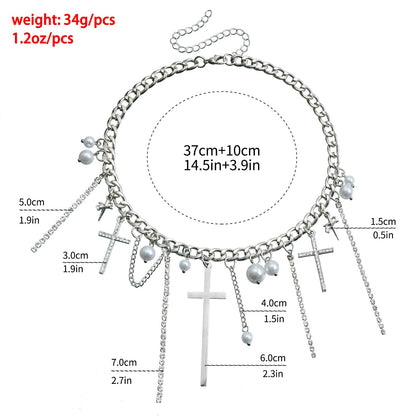 Cross Tassel Pearl Collarbone Chain Necklace
