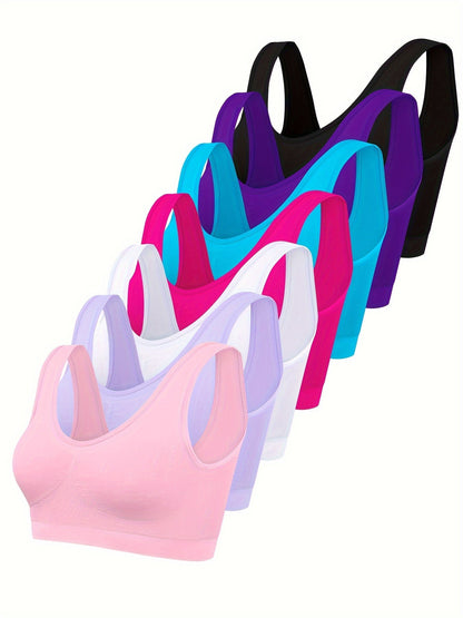 7pcs Solid Seamless Bra, Comfy & Breathable Women's Lingerie & Underwear Sporty