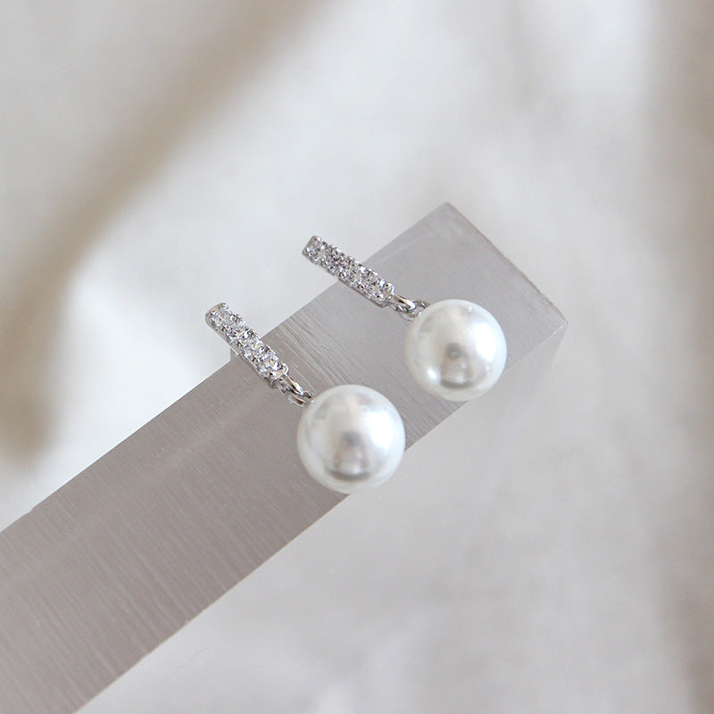 Elegant Round Shell Pearl CZ Earrings - Palladium-Plated Silver Pearl Earrings for women - Perfect Pearl Earrings with Gift Wrapping Included