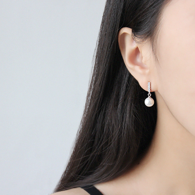 Elegant Round Shell Pearl CZ Earrings - Palladium-Plated Silver Pearl Earrings for women - Perfect Pearl Earrings with Gift Wrapping Included