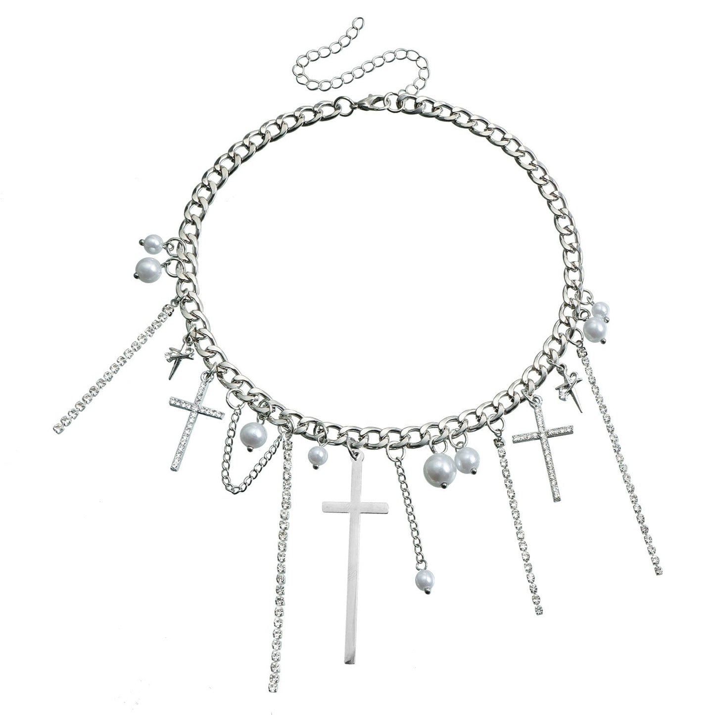 Cross Tassel Pearl Collarbone Chain Necklace