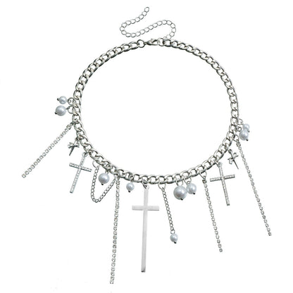 Cross Tassel Pearl Collarbone Chain Necklace