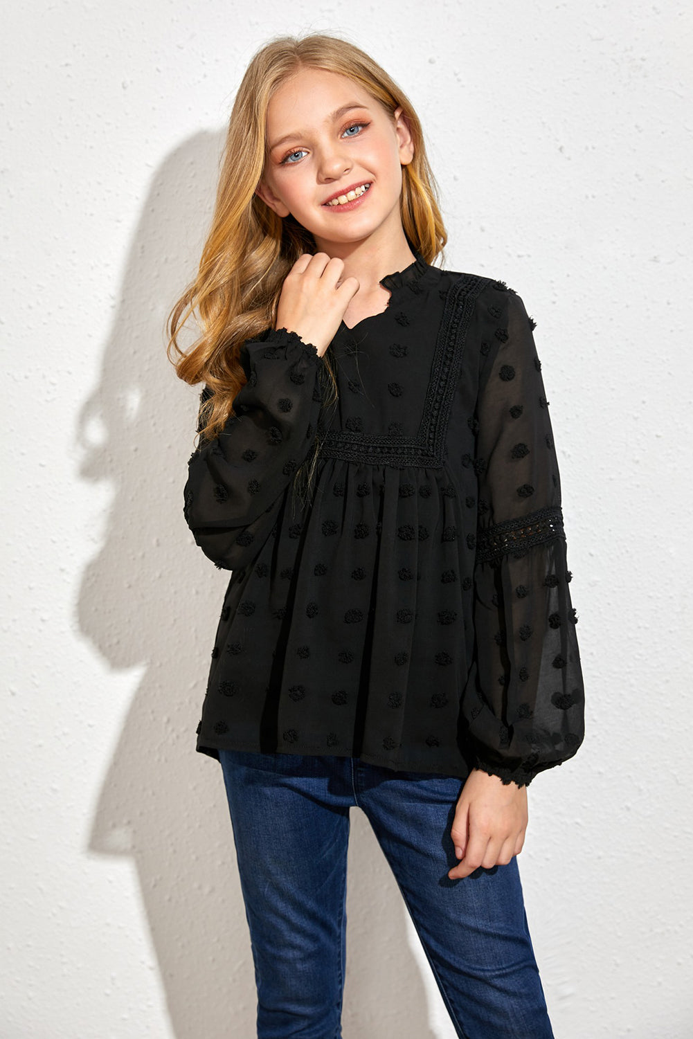 Black Split Neck Swiss Dot Little Girls' Blouse