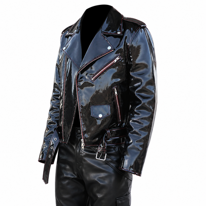 Men’s Emo Vinyl Biker Jacket with Gothic Red Stitching