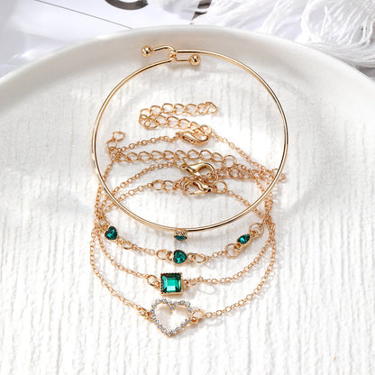 Vintage Inlaid Green Square Bracelet Set, 4 Pcs