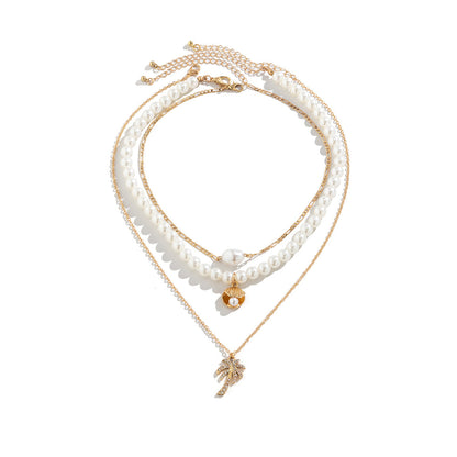 Multi-Layer Starfish Shell Pearl, Cross, Palm Tree Necklaces, 3Pc Set
