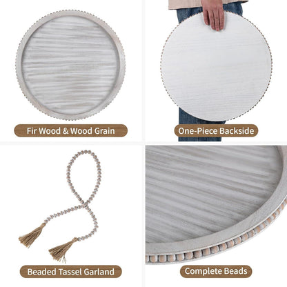 Round Decorative Wooden Tray 18 Inch Beaded Table Centerpiece HANOBE