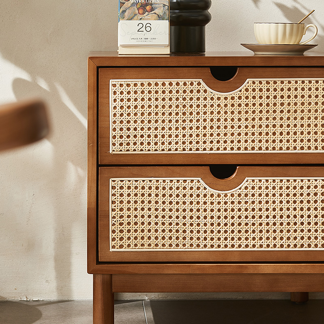 Kogi Bedside Table Solid Wood, Rattan