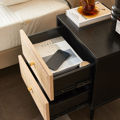 Tsaatan Wood Bedside Table, Rattan, Black