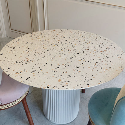 Cracky White Round Dining Table, Premium Terrazzo And Wood Base