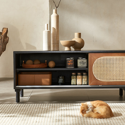 Dogon Rattan TV Stand, Black, Solid Wood