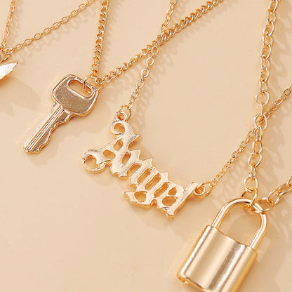 Multi-Layer Lock Rose Pendant Necklace, 6pc Set