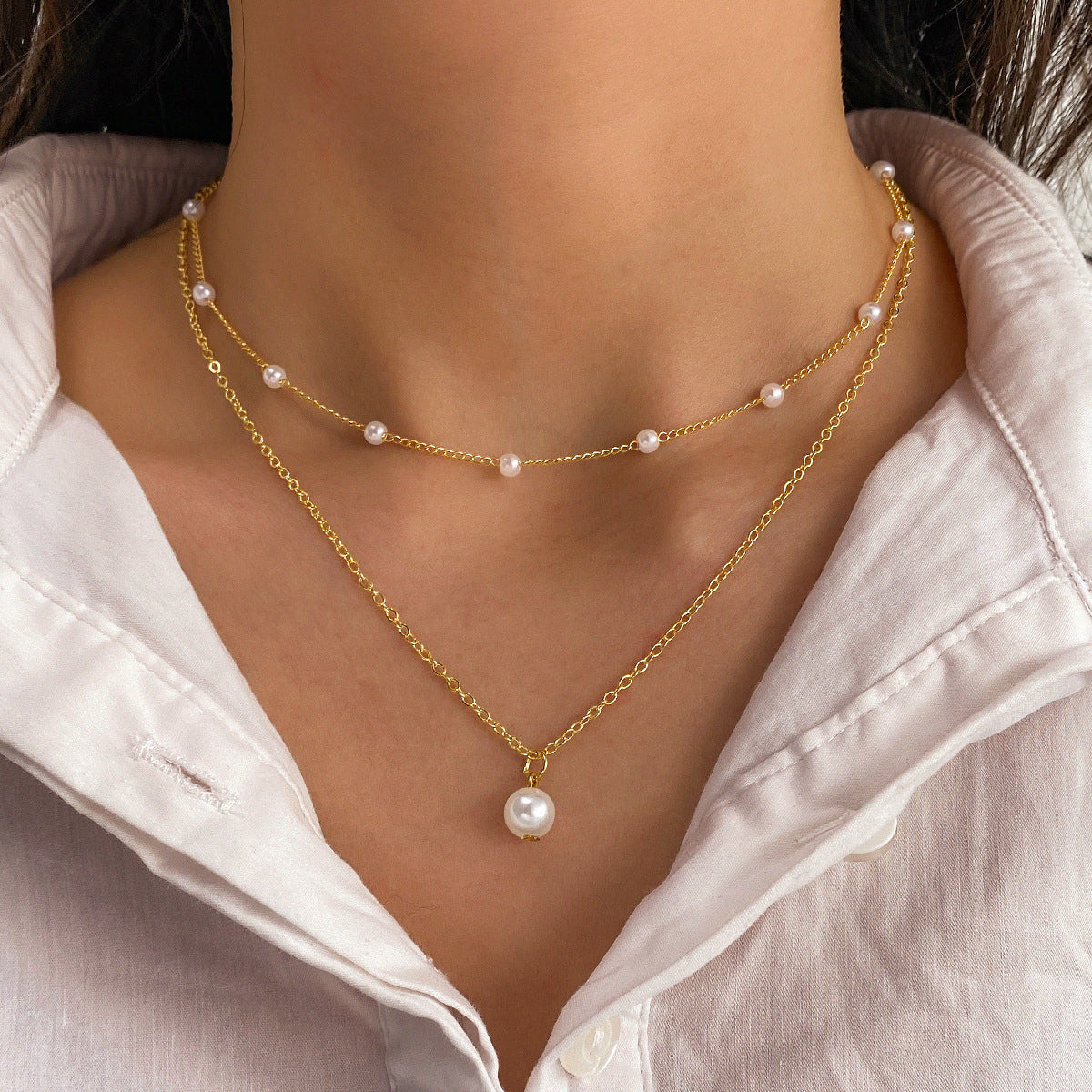 Pearl Heart Tassel Pendant Double-Layer Necklace