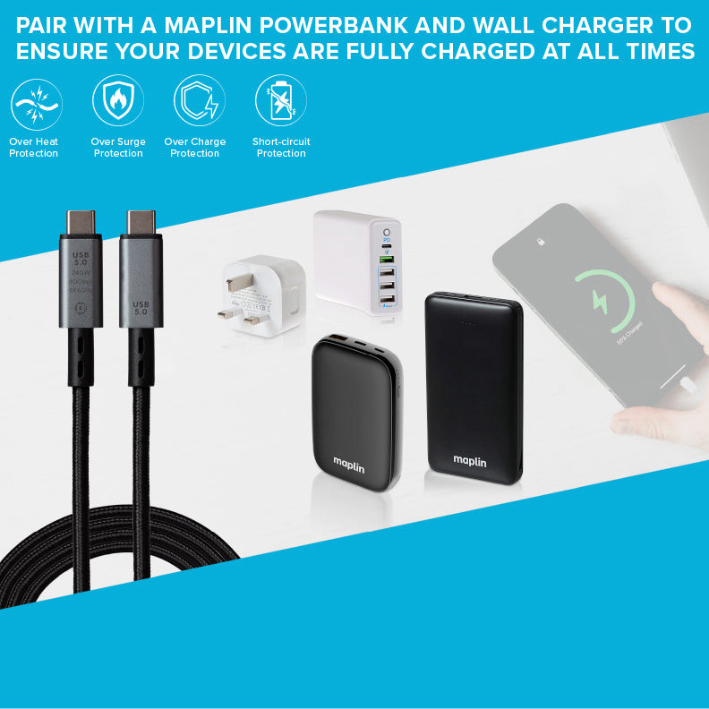 Maplin USB-C to USB-C V5.0 8K 240W PD Braided Cable - Black, 1m