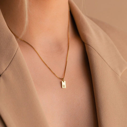 Gold Brick Pendant 26 Letter Hanging Tag Necklace