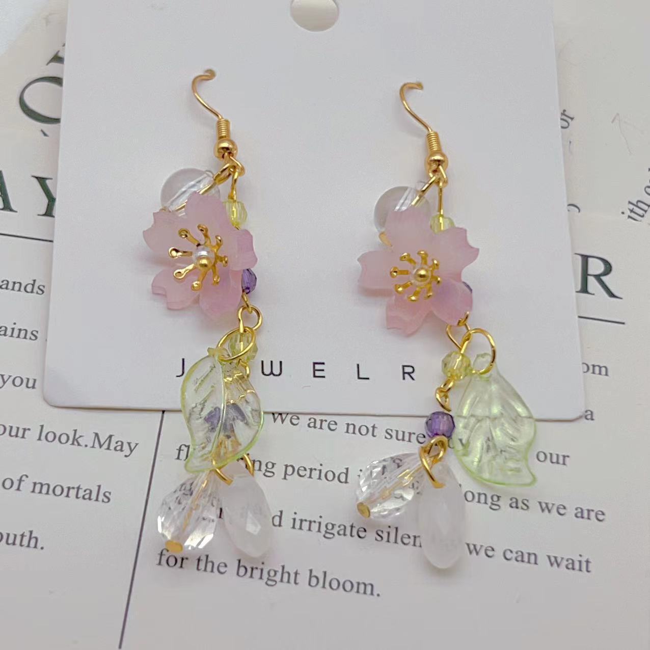 Long Cherry Blossom Leaves Resin Flowers Earrings