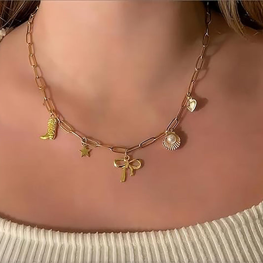 Gold Clip Necklace with Bow & Five-Pointed Star