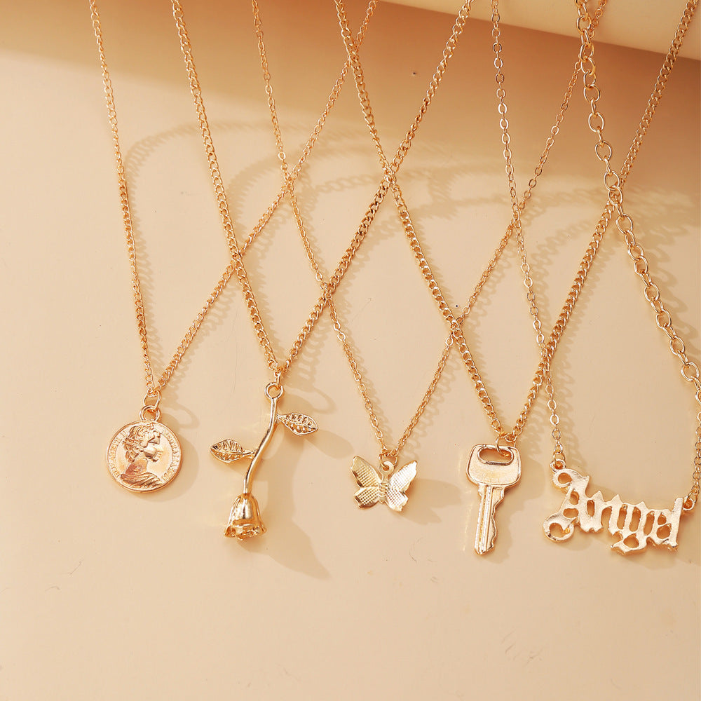 Multi-Layer Lock Rose Pendant Necklace, 6pc Set