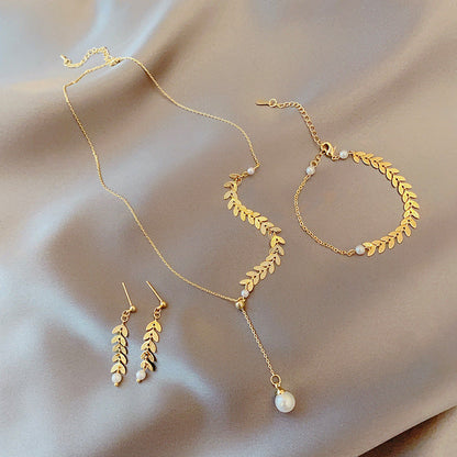 Wheat Pearl Necklace Earring Bracelet Set