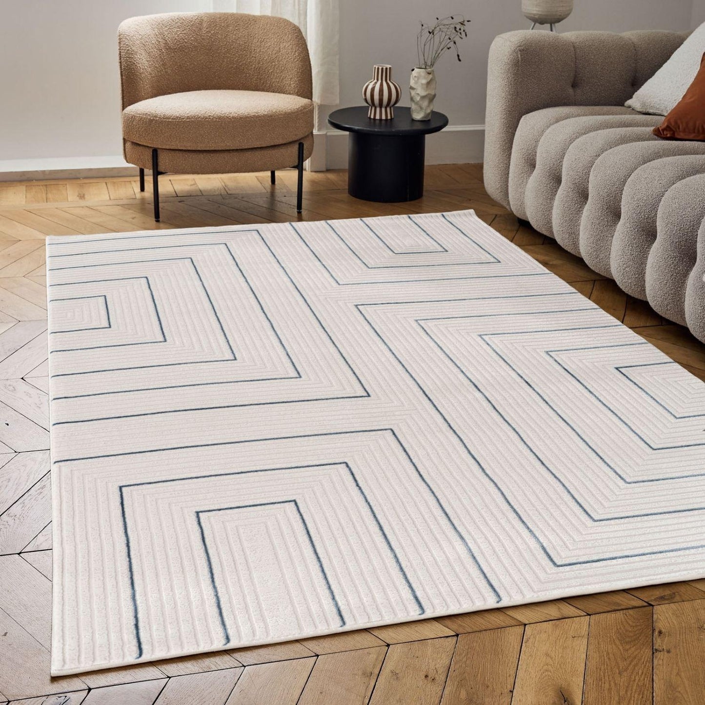 Carmel Cream-Blue Geometric Rug | 6040