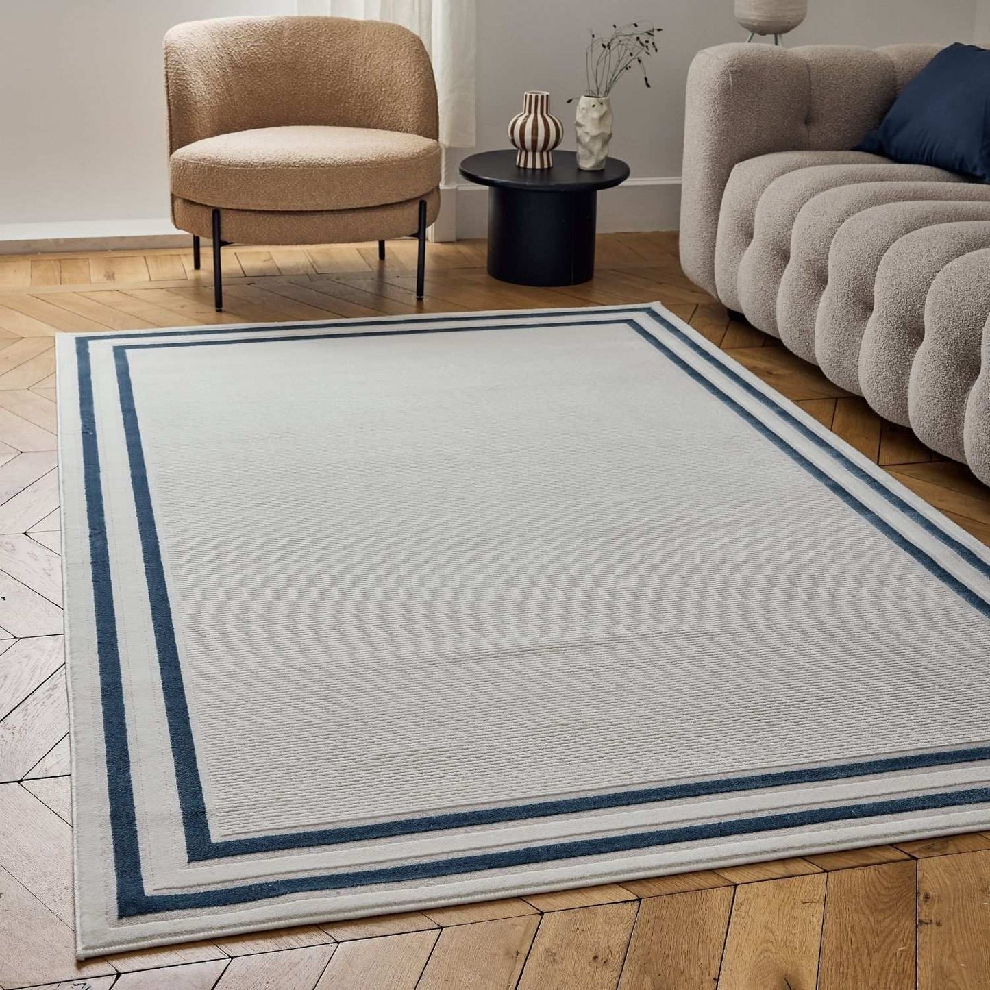 Carmel Cream-Blue Bordered Rug | 6060