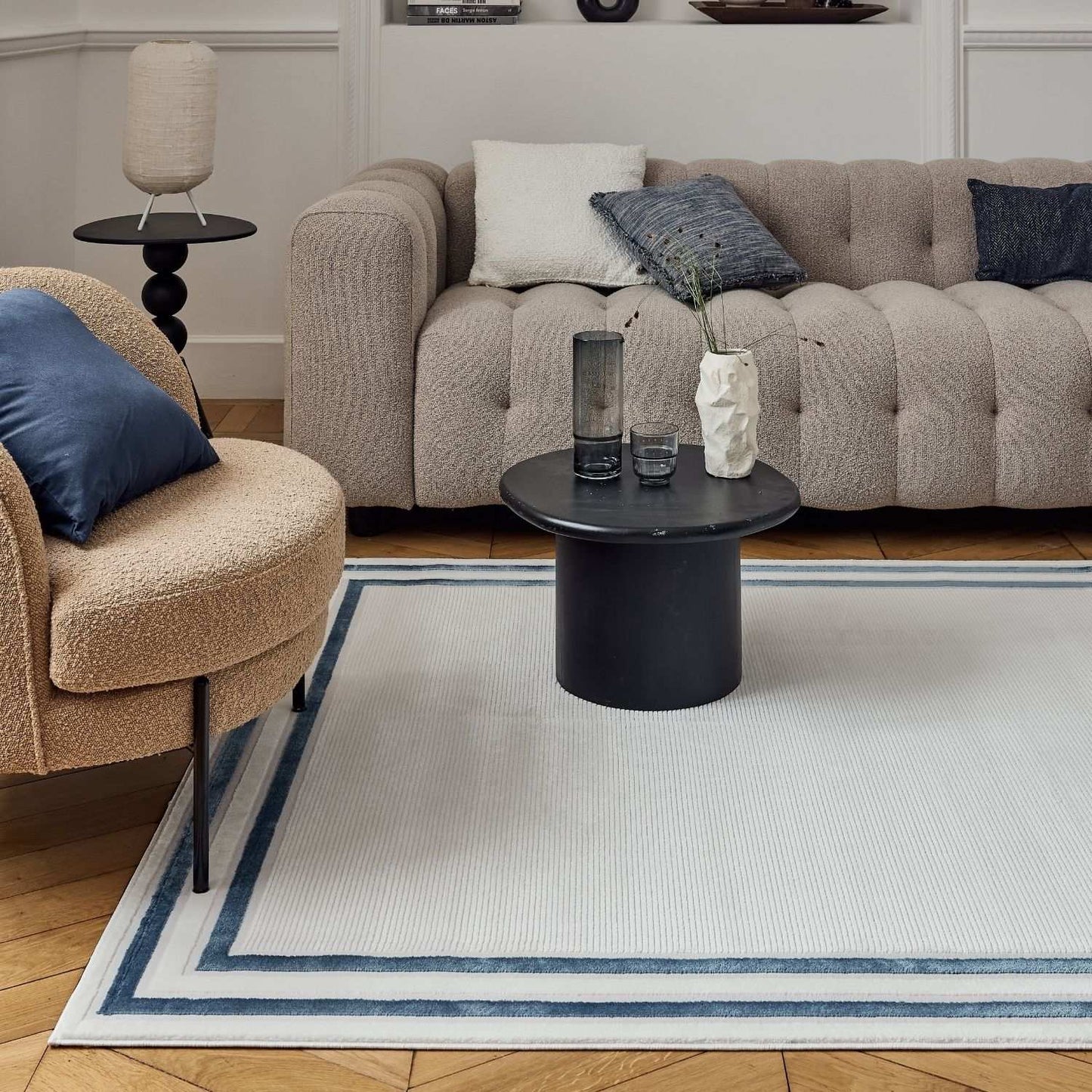 Carmel Cream-Blue Bordered Rug | 6060