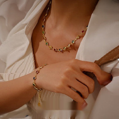 Gold & White Gold Candy Glass Heart Necklace & Bracelet Set