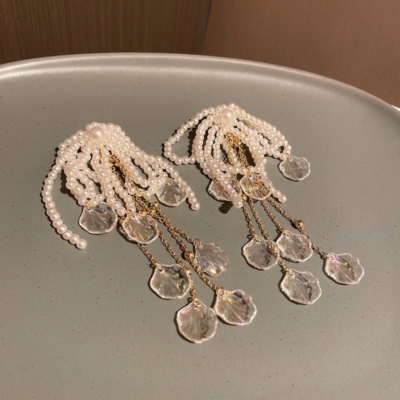 Women’s Bow Shell Long Pearl Tassel Earrings