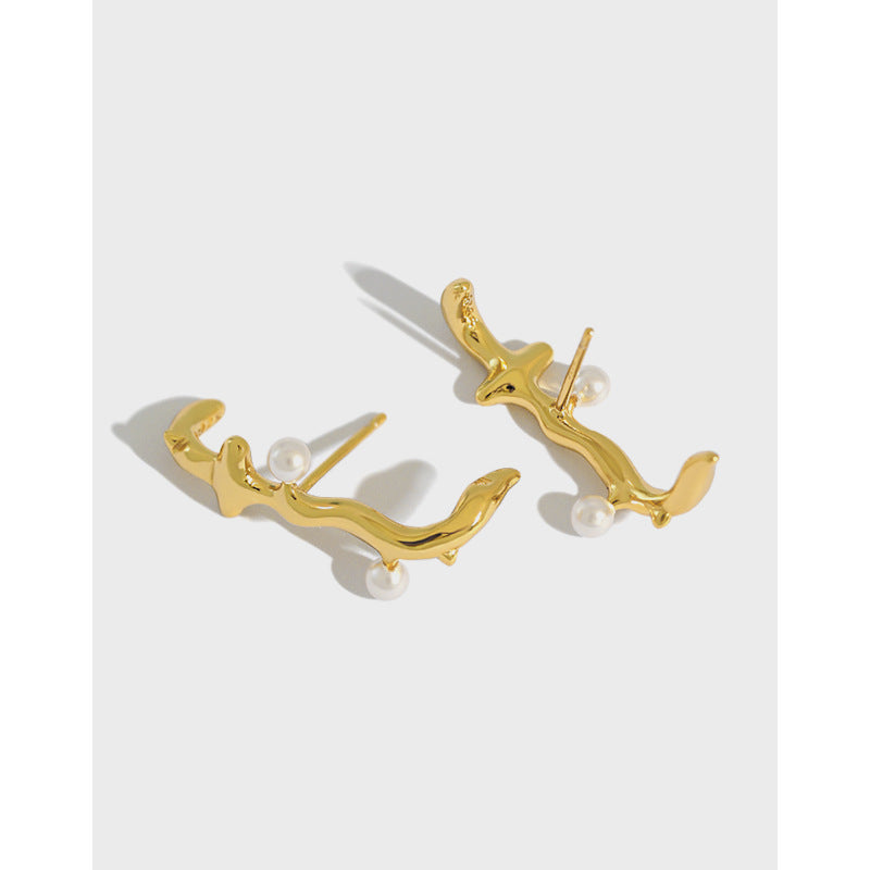 Elegant Irregular Branch Shell Pearls Stud Earrings - Gold-Plated Silver Pearl Earrings for women - Perfect Pearl Earrings with Gift Wrapping Included