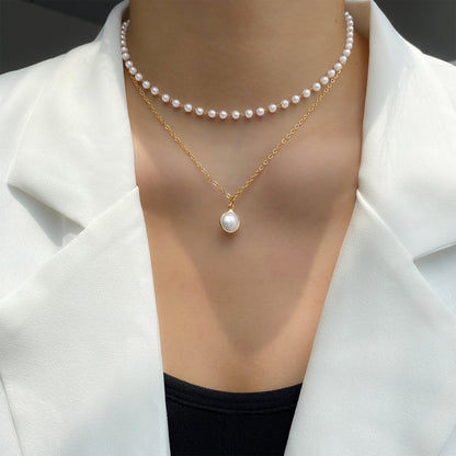 Pearl Heart Tassel Pendant Double-Layer Necklace