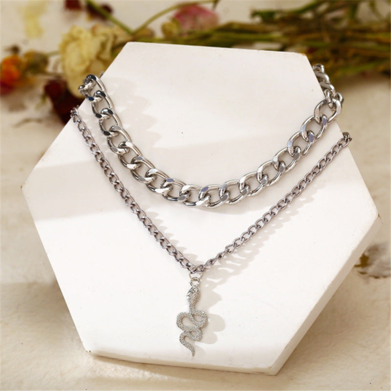 Chunky Chain Double Snake Pendant Necklace