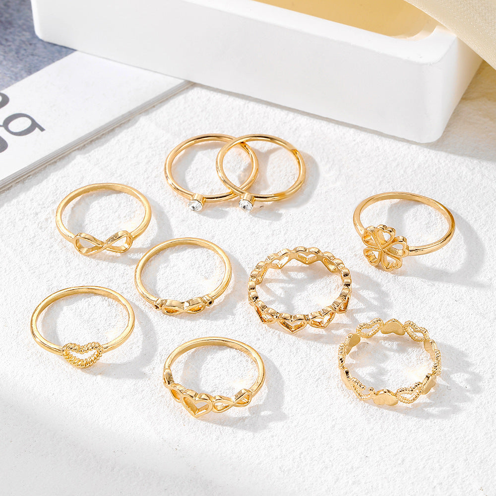 Gold Colour Heart Rings Set - 9pcs