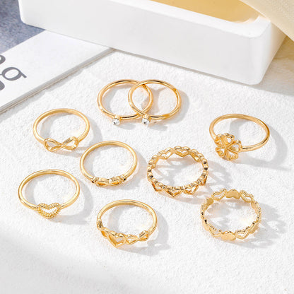 Gold Colour Heart Rings Set - 9pcs