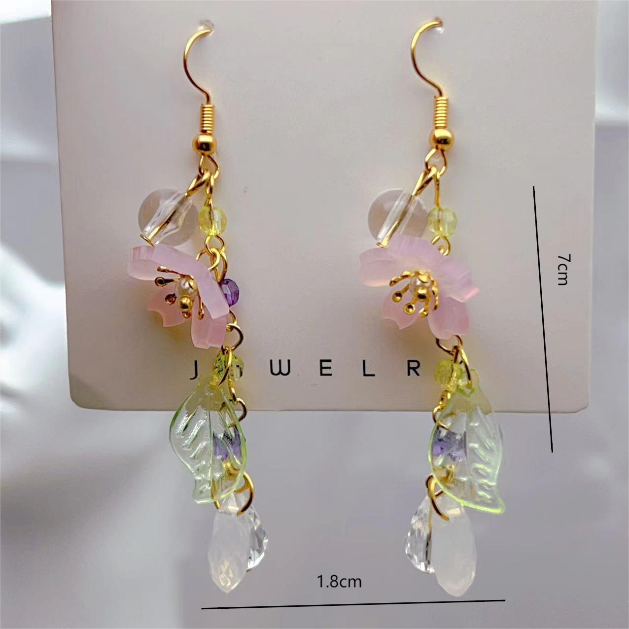 Long Cherry Blossom Leaves Resin Flowers Earrings