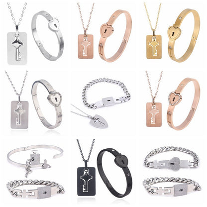Couple Love Lock Bracelet & Key Necklace Set