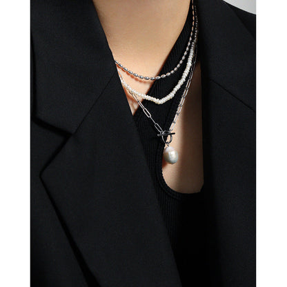 Office Irregular Natural Pearl Hollow Chain Necklace - Palladium-Plated Silver Pearl Necklace - Perfect Pearl Necklace with Gift Wrapping Included