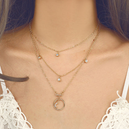 Multi-Layer Gold Moon Rhinestone Pendant Choker Necklace