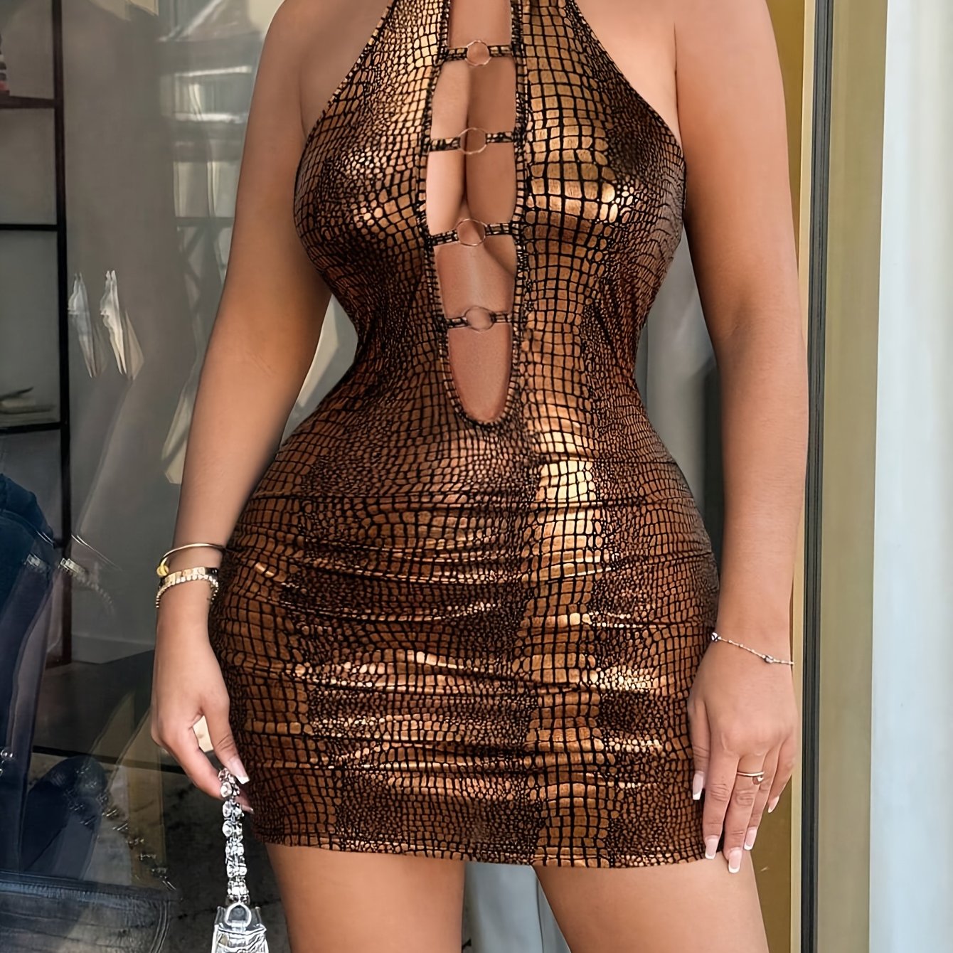 Chic Halter Mini Skirt with Deep V-Neck and Eyelet Detailing - Bodycon, Hollow-Out Design Dress for Women