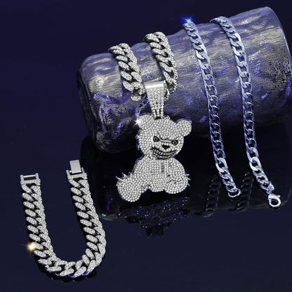 Fully jewelled Bear Pendant Necklace & Bracelet Set, 3Pcs
