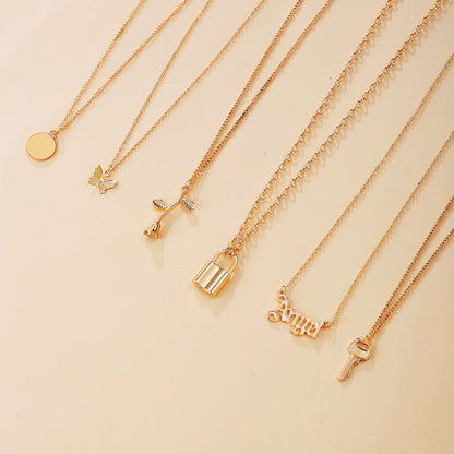 Multi-Layer Lock Rose Pendant Necklace, 6pc Set