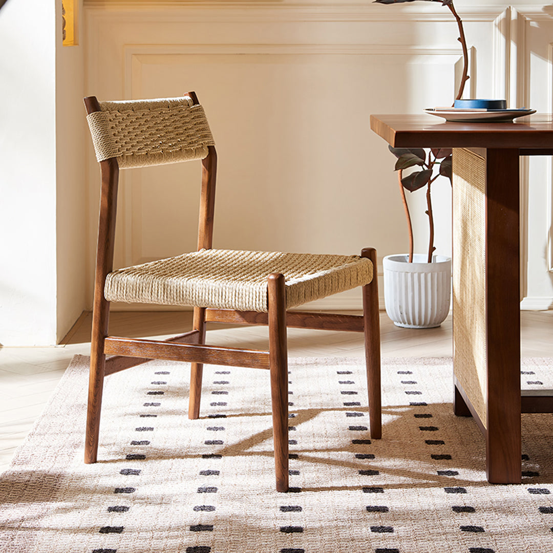 Fuchs Dining Table, Solid Wood & Rattan, Dark Oak